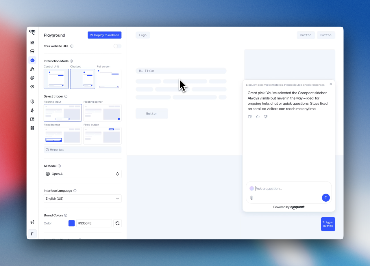Playground for configuration of the AI chatbot