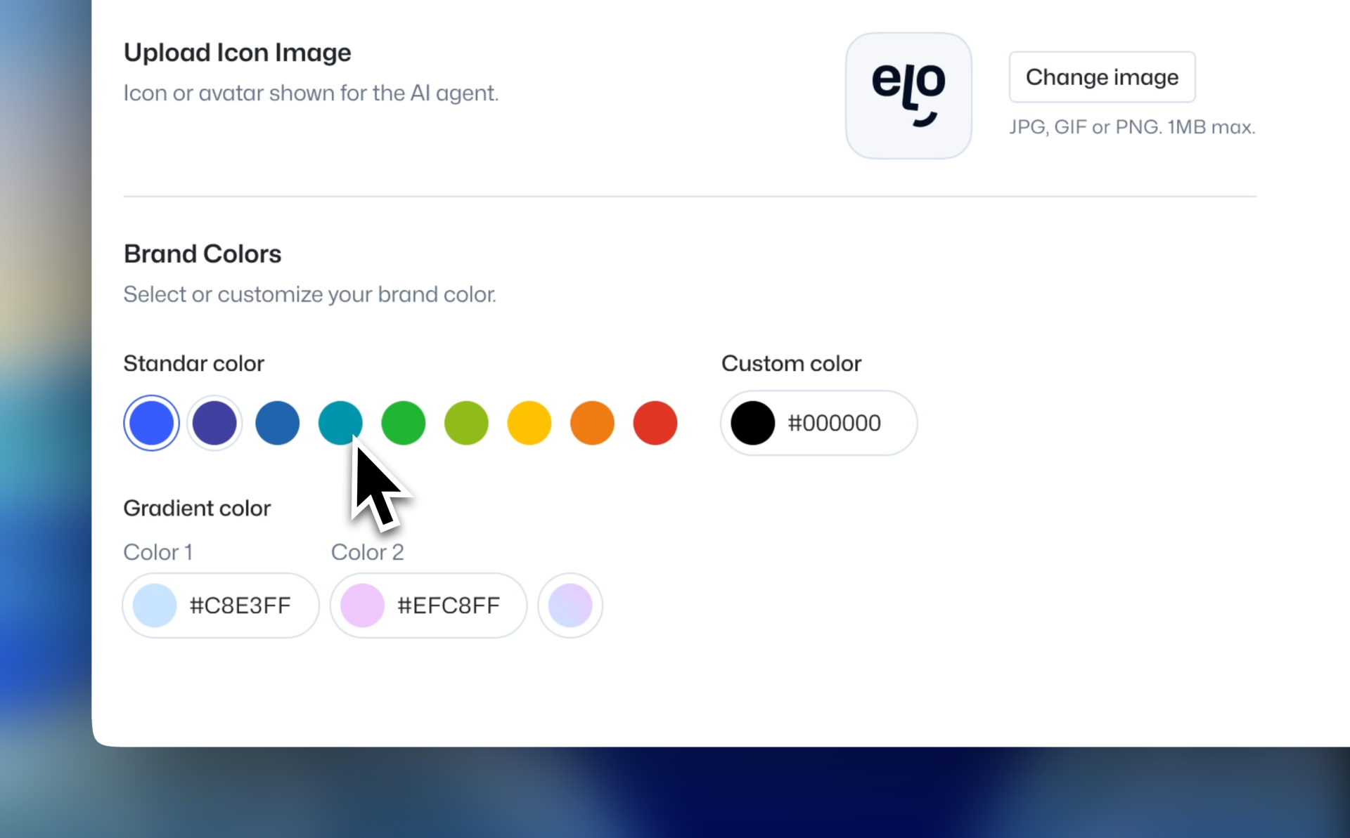 Preview of customizing options such as brand colors and icon image.