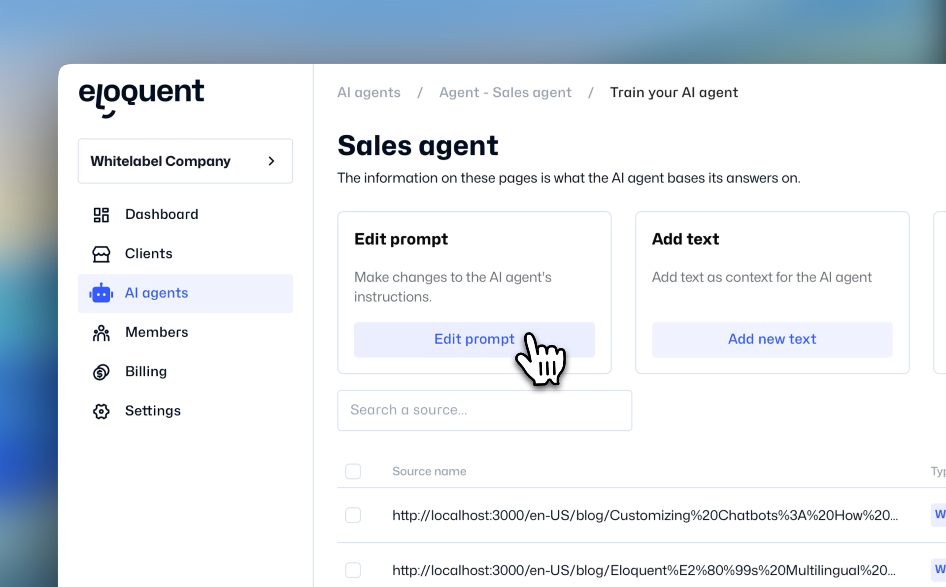 Eloquent software on the agent tab showing a user about to click Edit Prompt