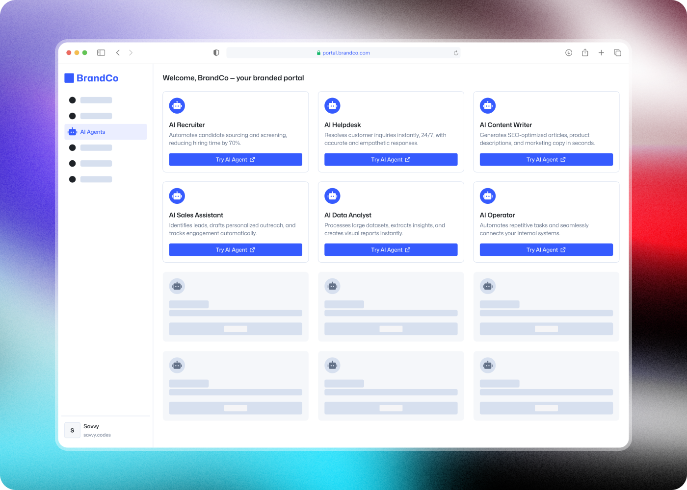 Preview of the Eloquent portal interface displaying multiple AI agents for one brand.