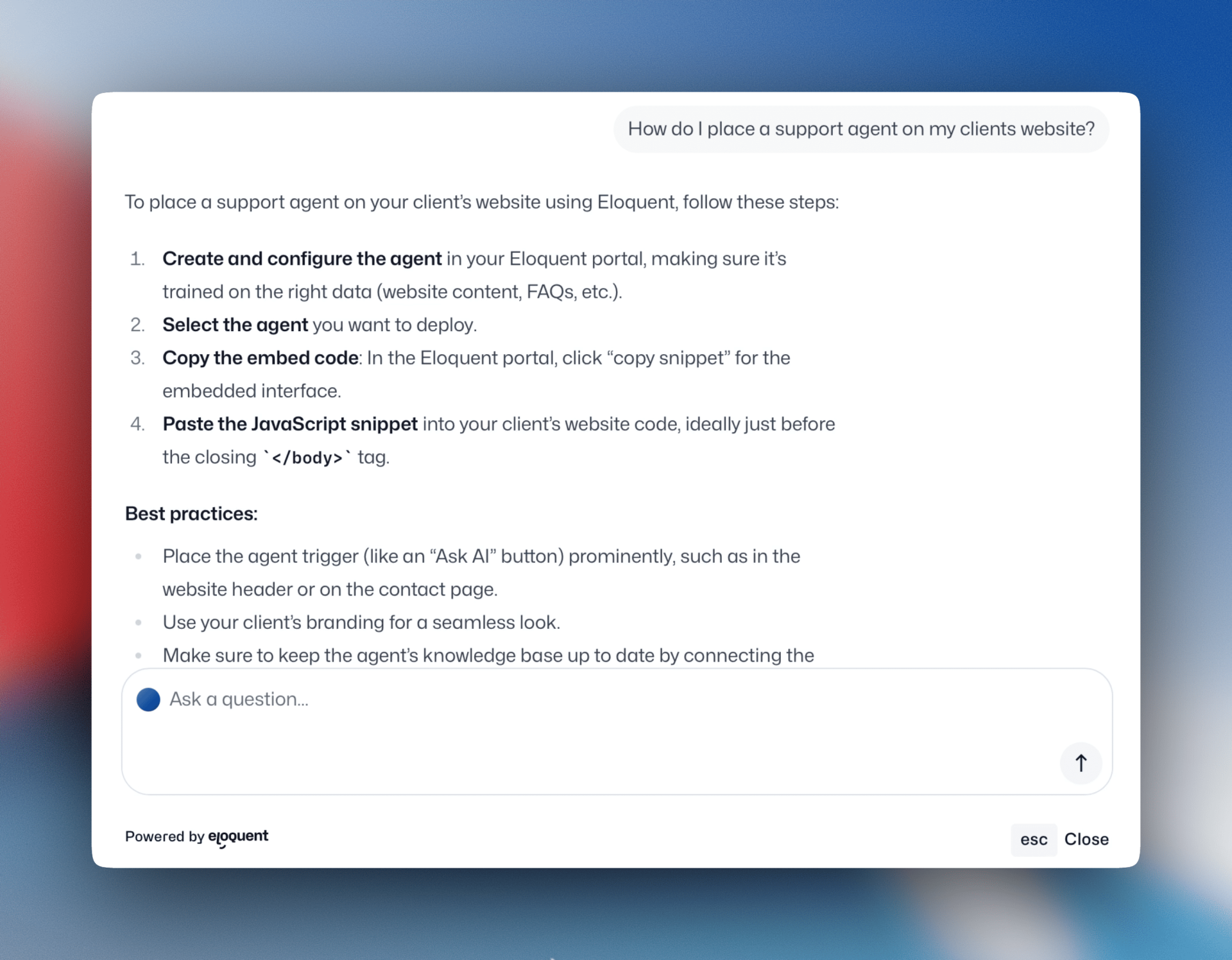 An AI support agent answering a query on the Eloquent website.
