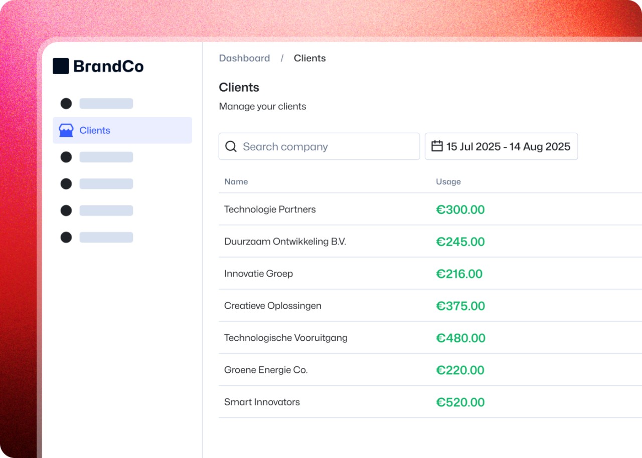 Illustration showing an overview of clients, listing their names, usage data, and dates.
