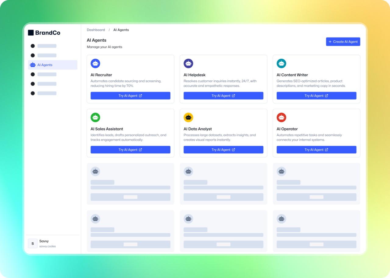 Preview of the Eloquent portal interface displaying multiple AI agents.