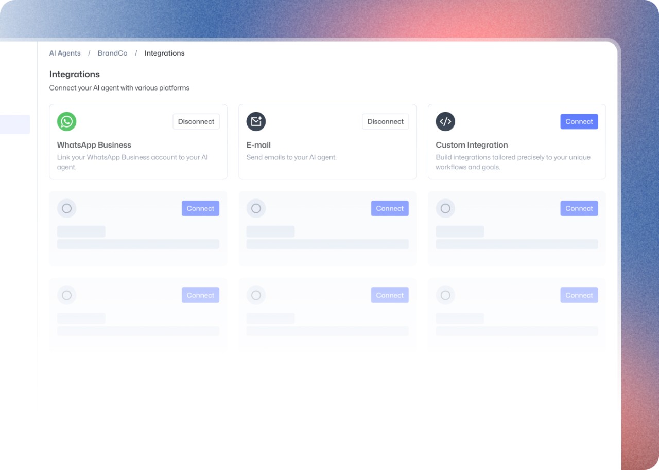 Preview of the Eloquent portal showing WhatsApp, email, and custom integration options.